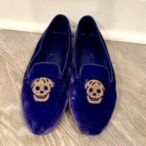 Alexander McQueen Velvet Blue Loafers - Gold Skull